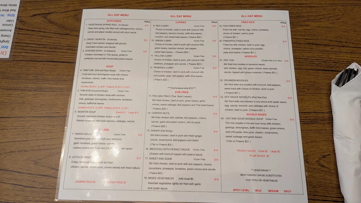 Menu, Thai Smile Cuisine