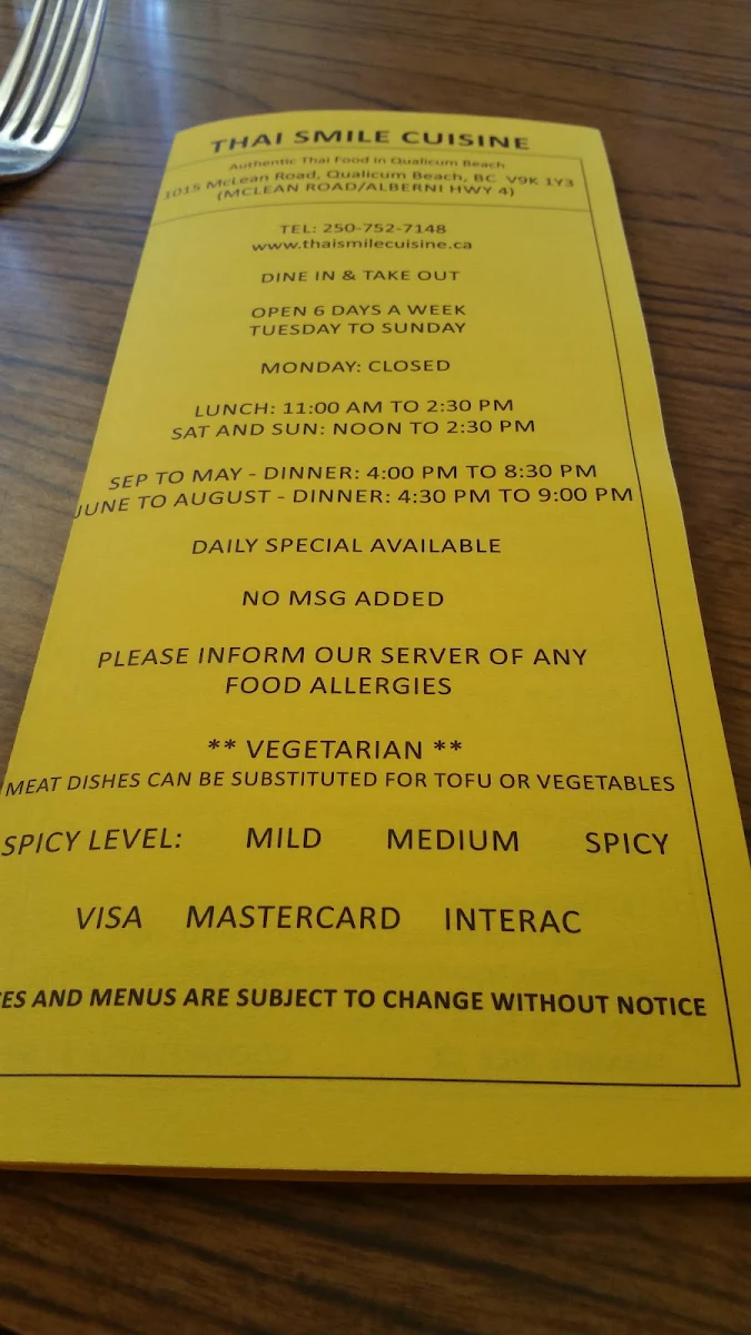 Menu, Thai Smile Cuisine