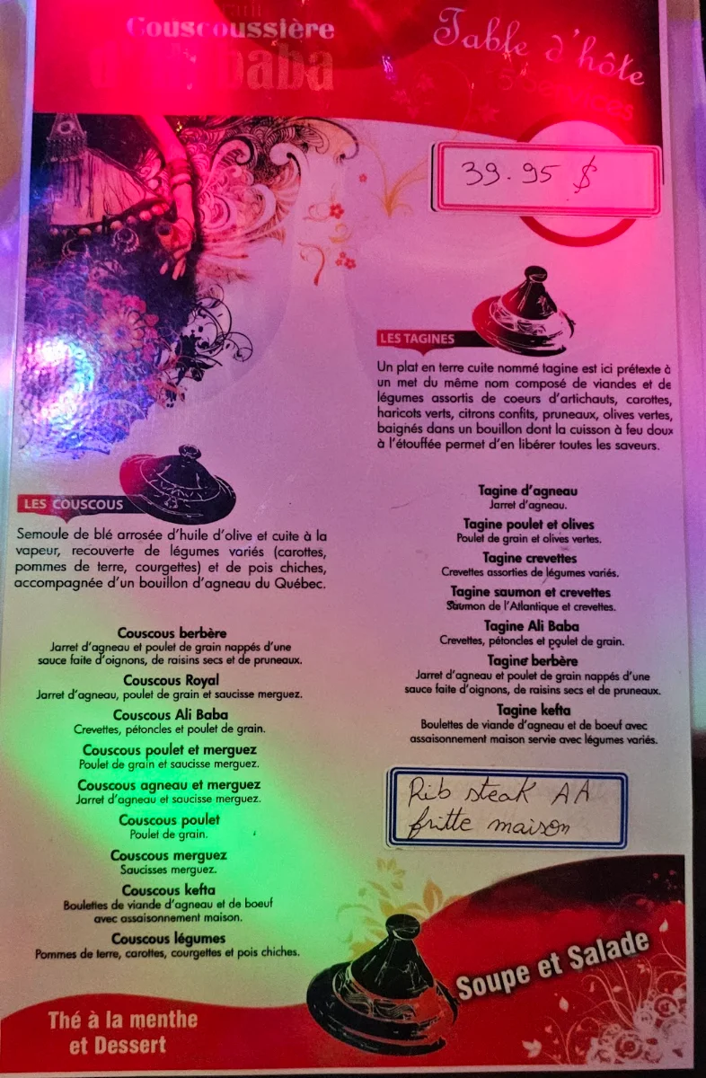 Menu, La Grotte de la Couscoussière d'Ali Baba