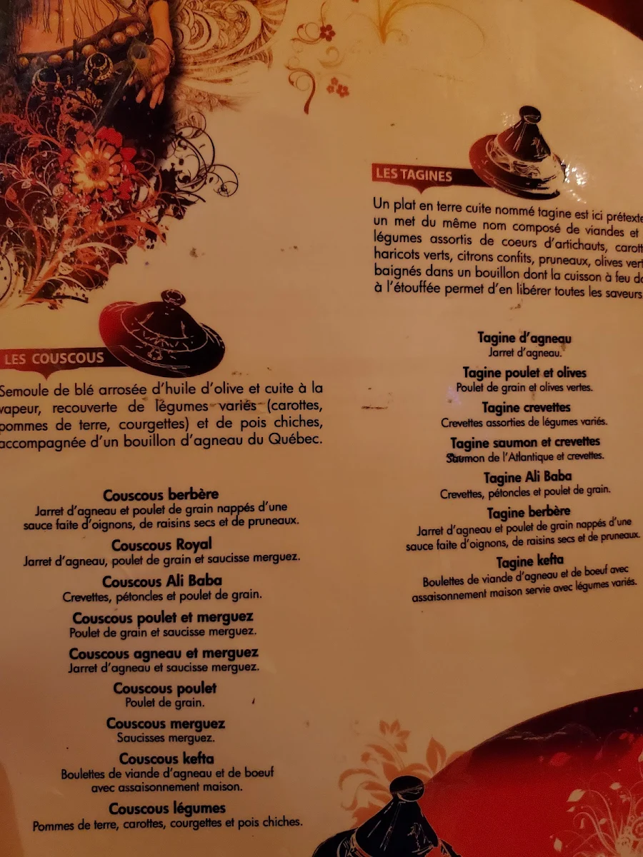 Menu, La Grotte de la Couscoussière d'Ali Baba