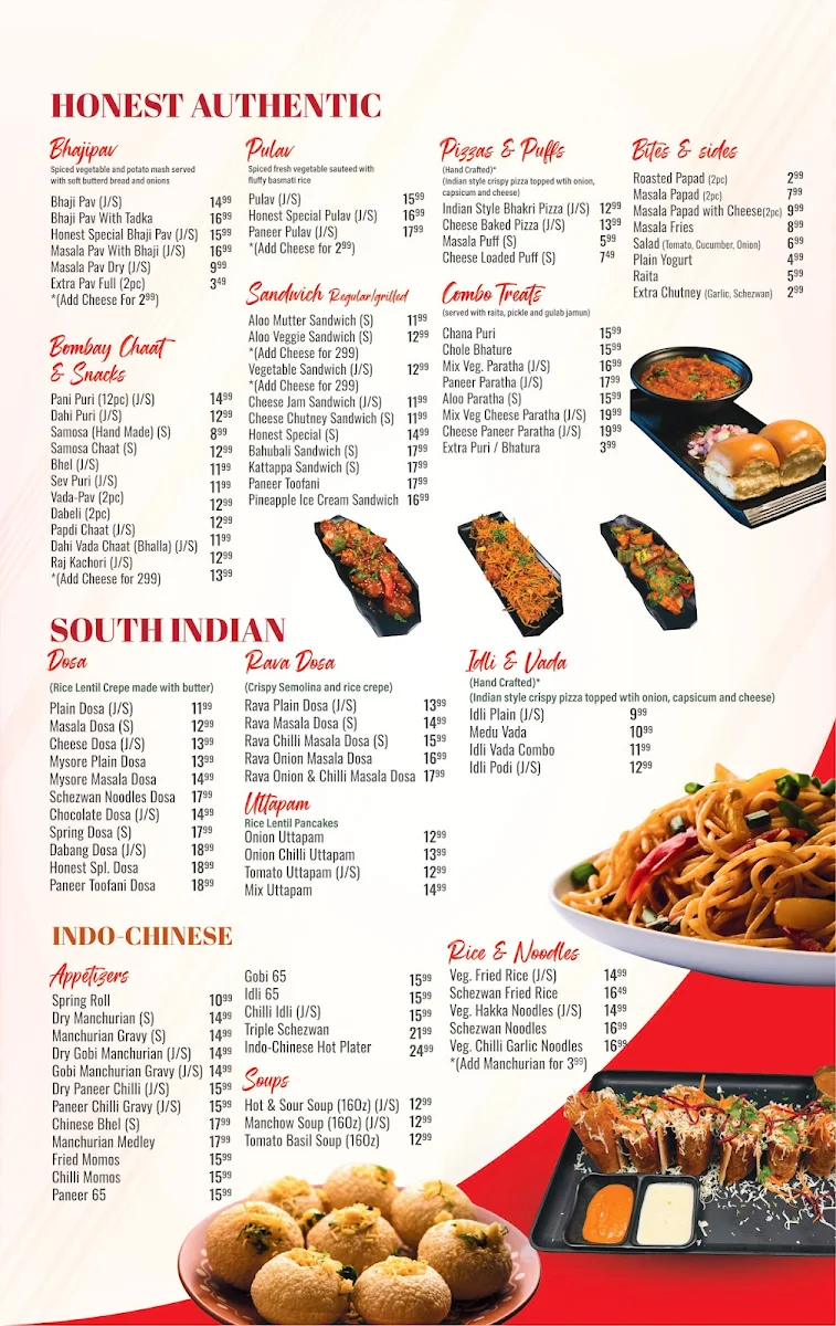 Menu, Honest Restaurant Surrey