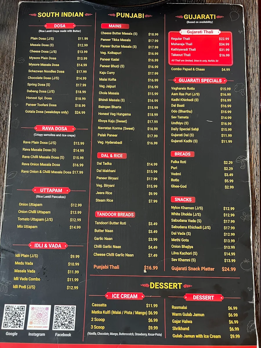 Menu, Honest Restaurant Surrey