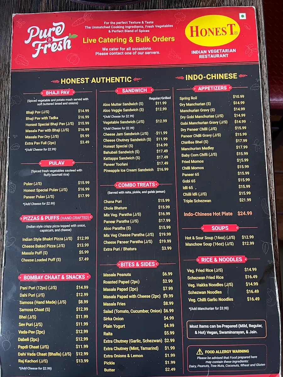 Menu, Honest Restaurant Surrey
