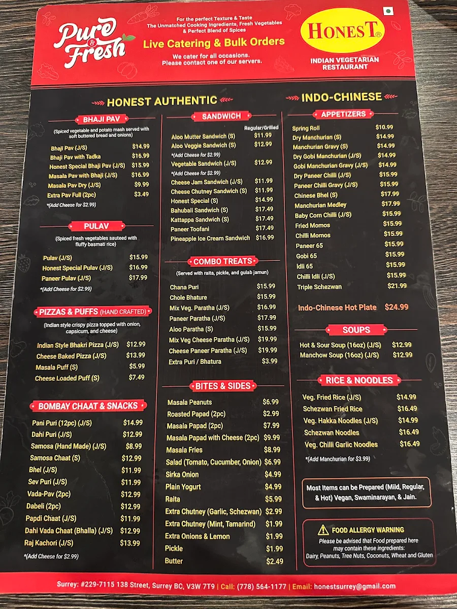 Menu, Honest Restaurant Surrey