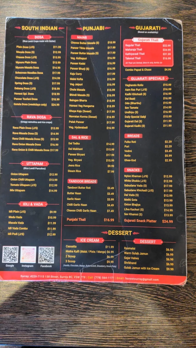 Menu, Honest Restaurant Surrey