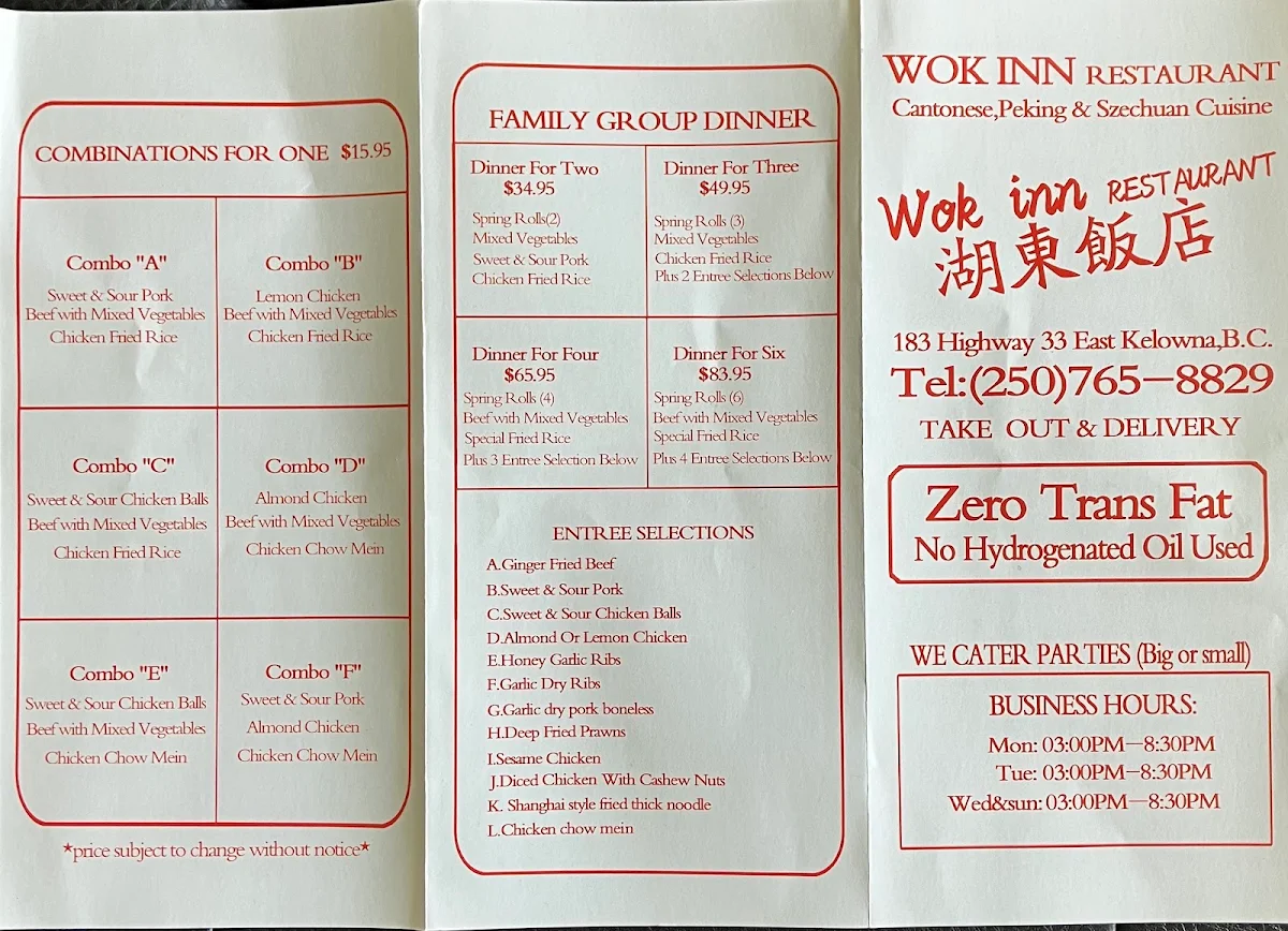 Menu, Wok Inn Restaurant