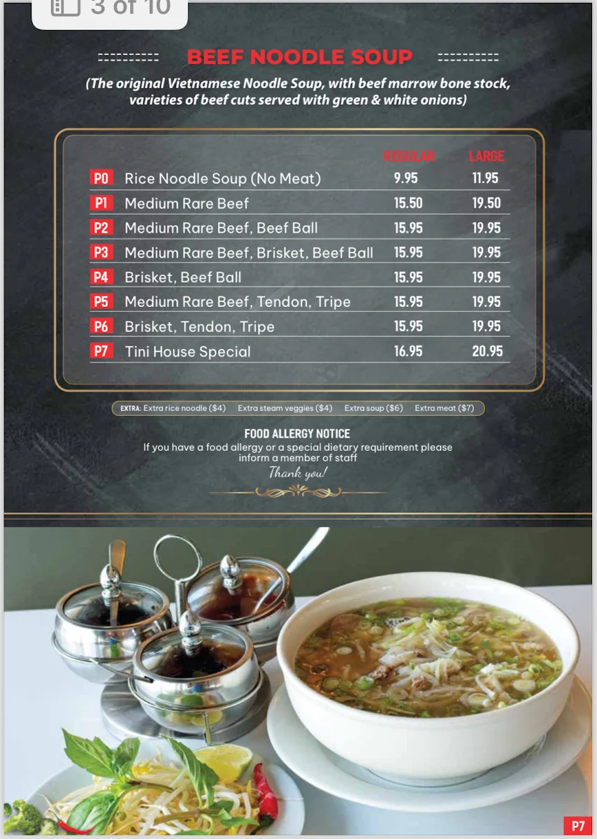 Menu, TiNi Vietnamese Restaurant