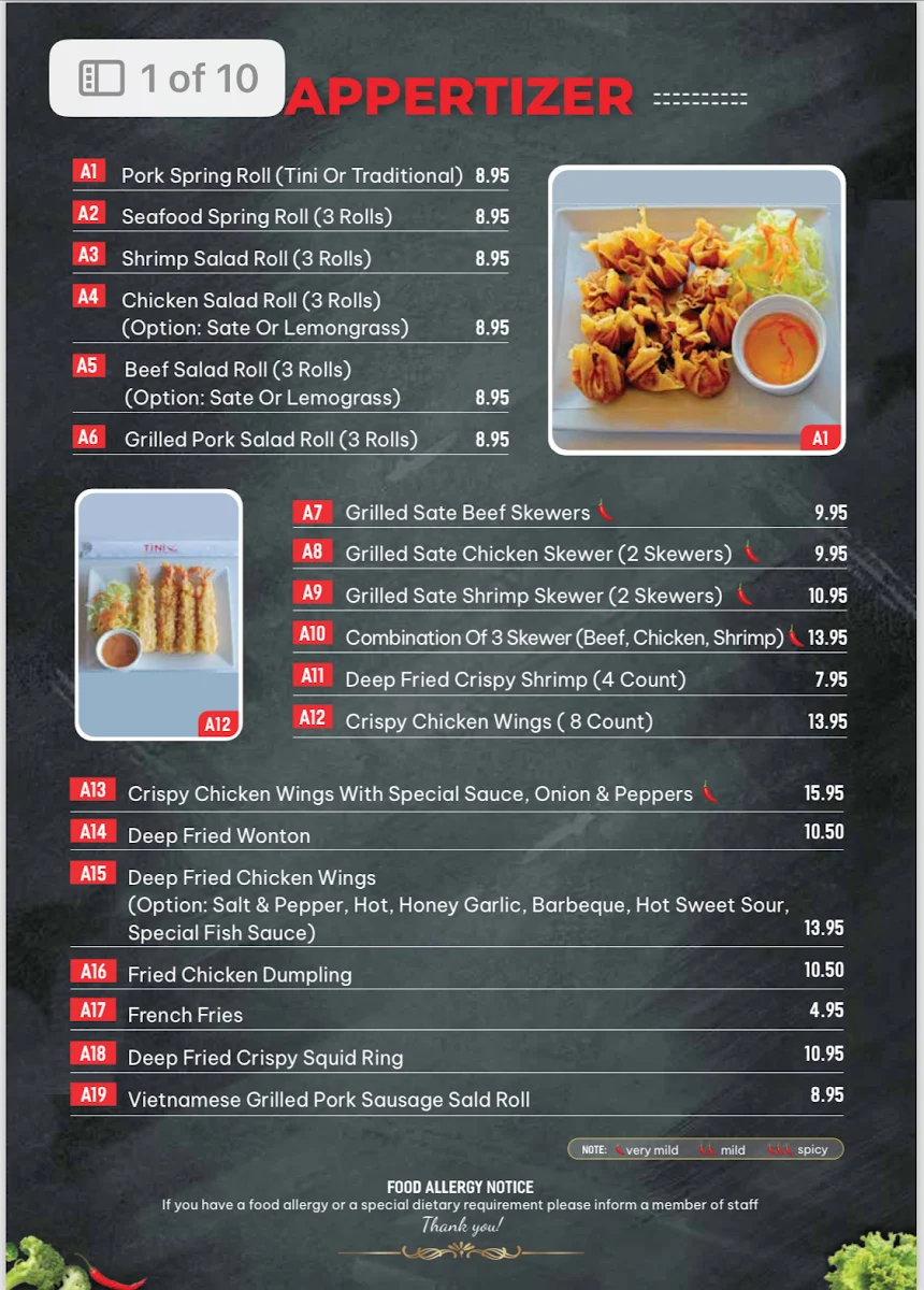 Menu, TiNi Vietnamese Restaurant