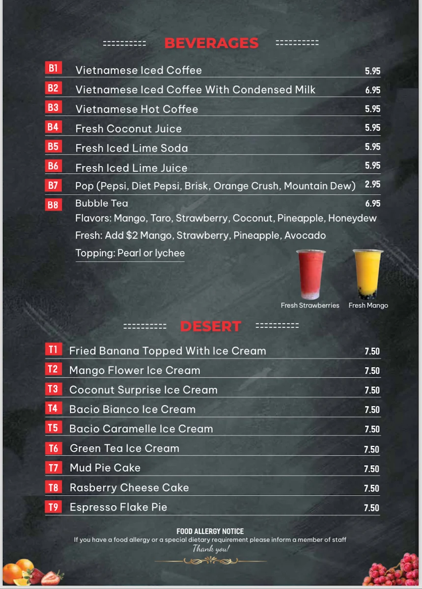 Menu, TiNi Vietnamese Restaurant