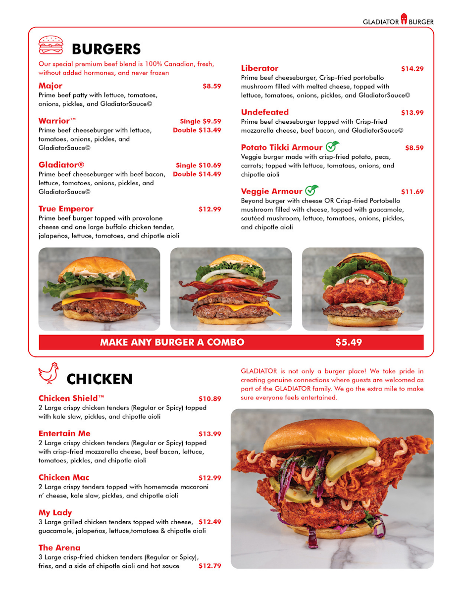 Menu, Gladiator Burger - Brampton