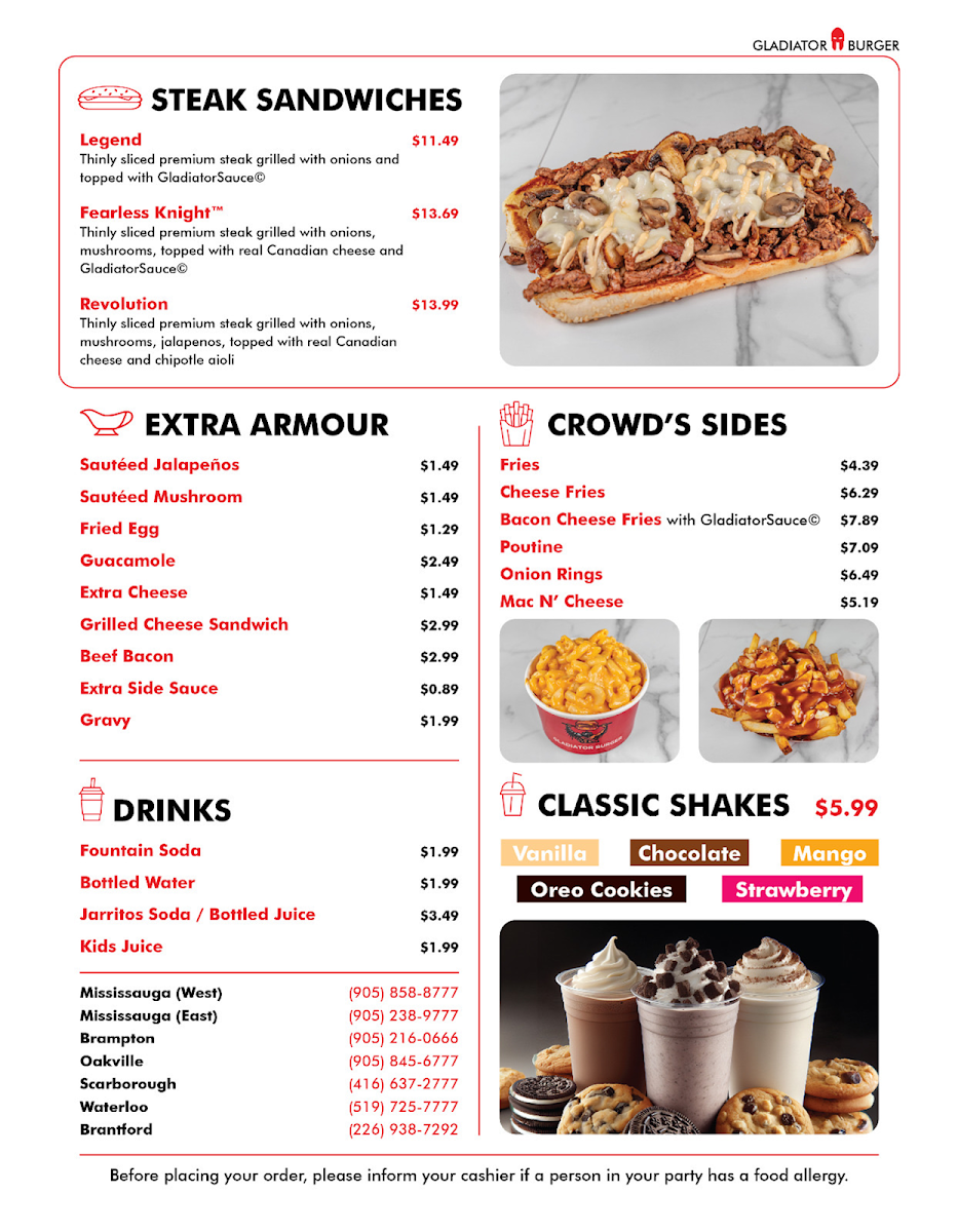 Menu, Gladiator Burger - Brampton