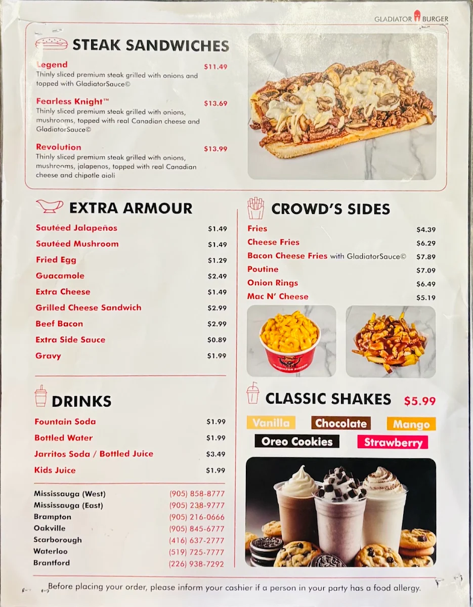 Menu, Gladiator Burger - Brampton