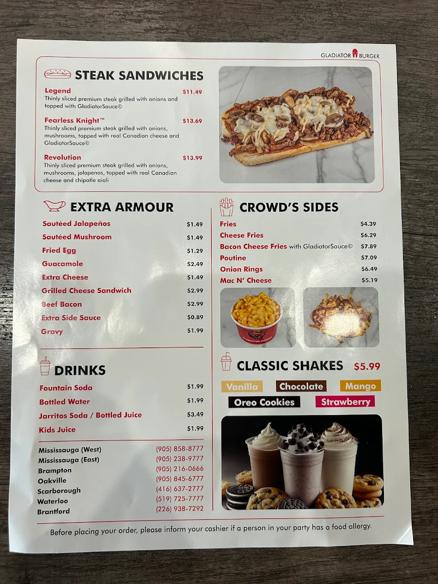 Menu, Gladiator Burger - Brampton