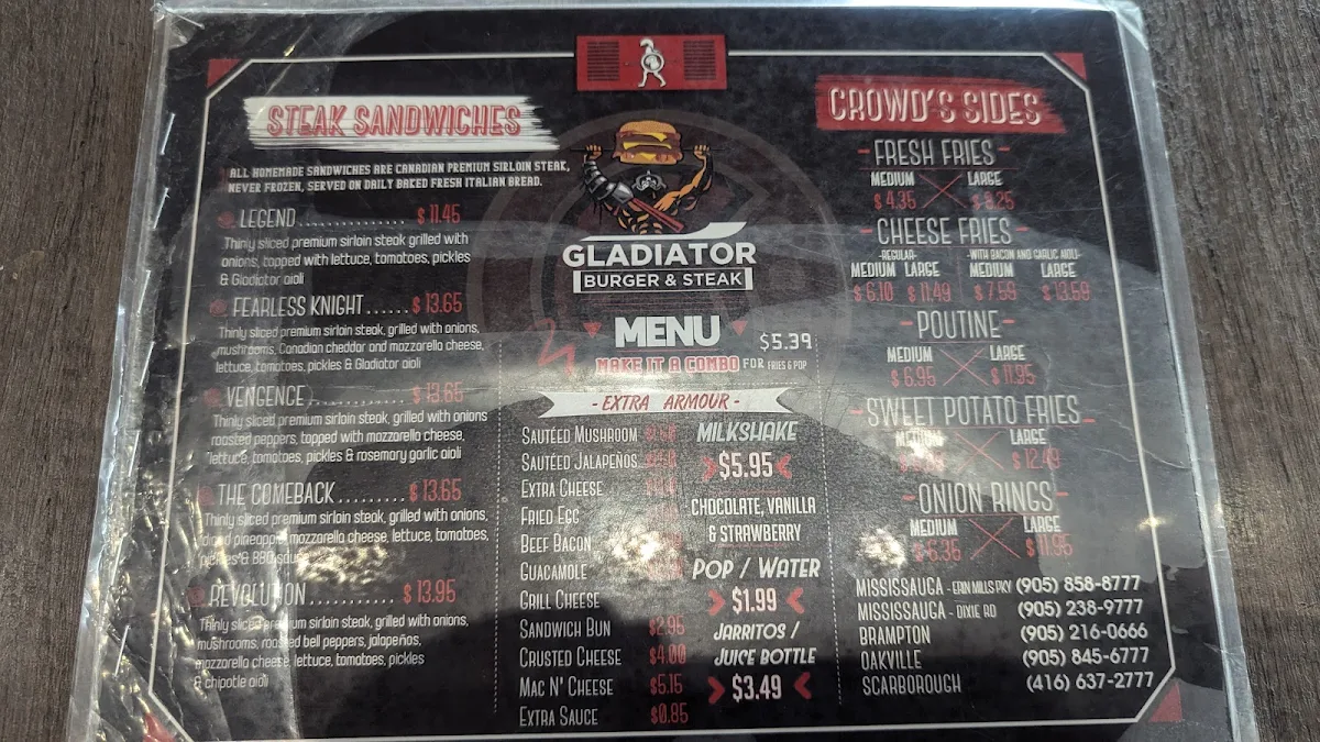 Menu, Gladiator Burger - Brampton