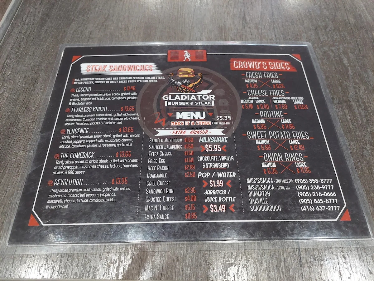 Menu, Gladiator Burger - Brampton