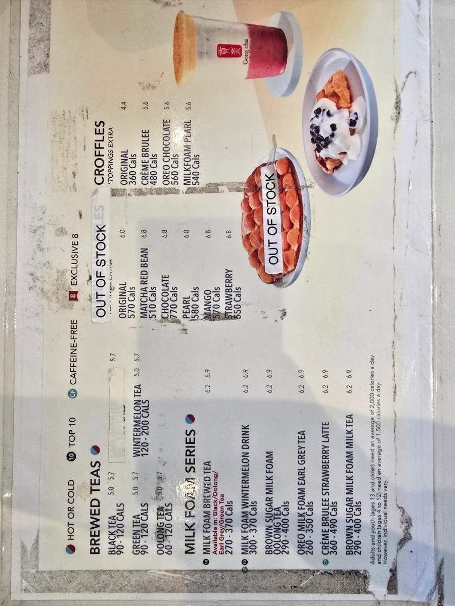 Menu, Gong Cha Kanata