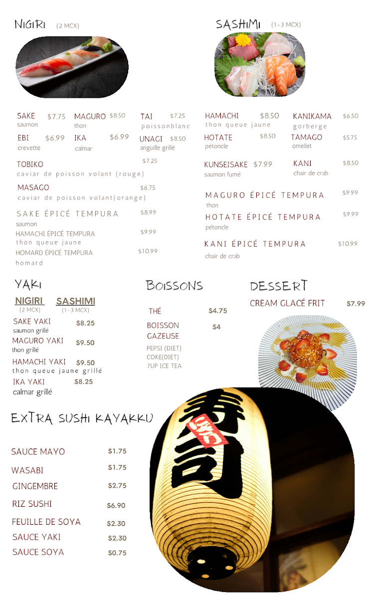 Menu, Sushi Kayakku