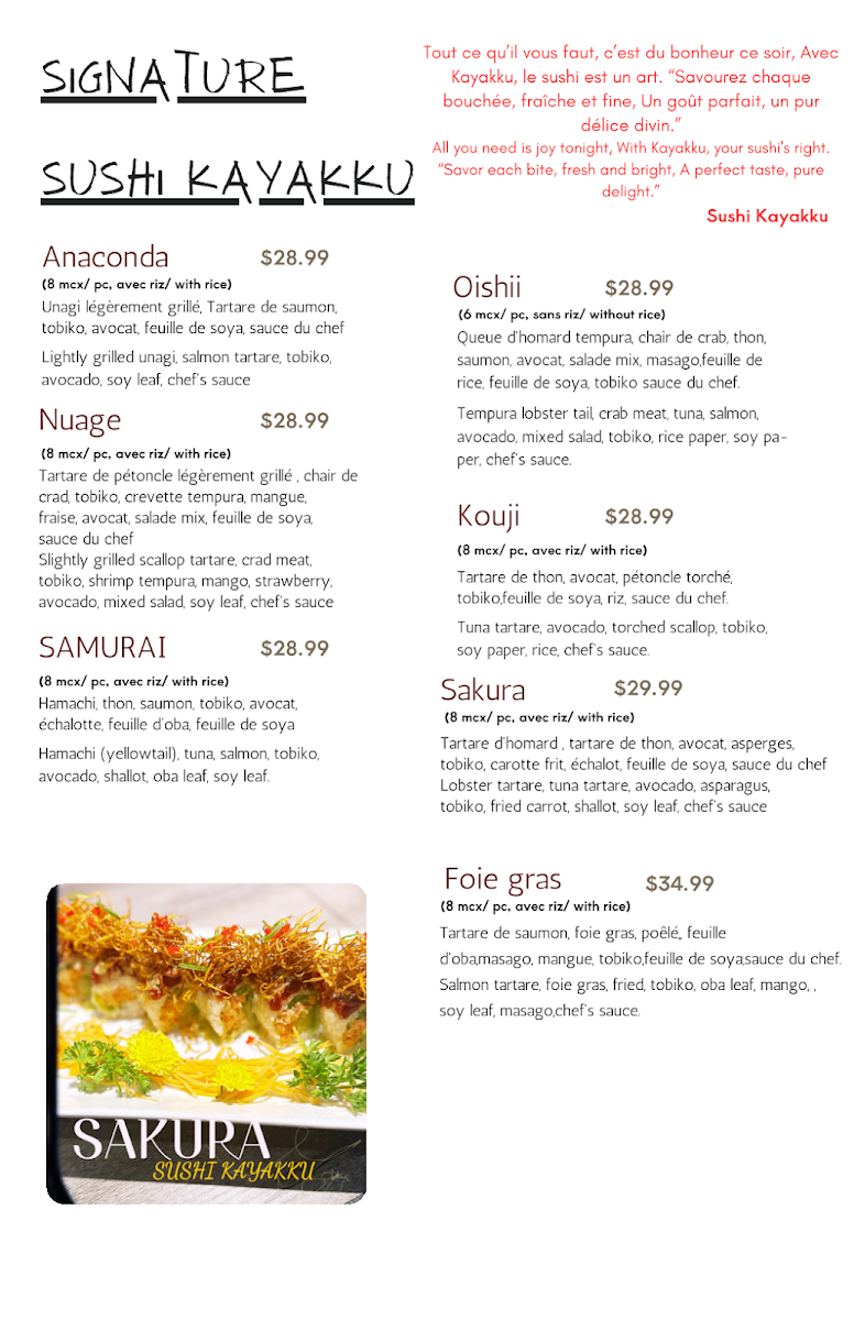 Menu, Sushi Kayakku