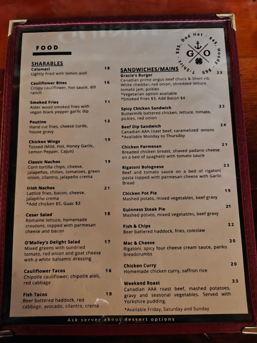Menu, Grace O’Malley’s