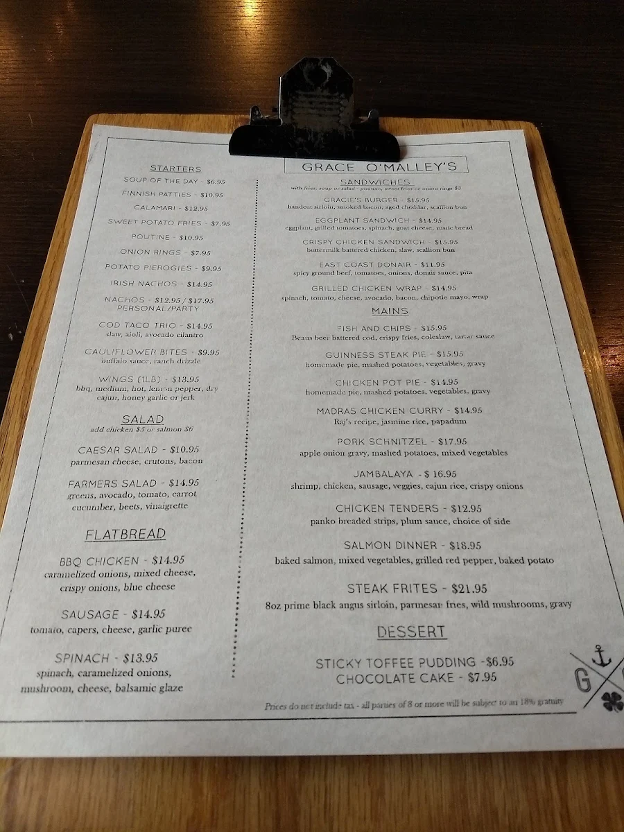 Menu, Grace O’Malley’s