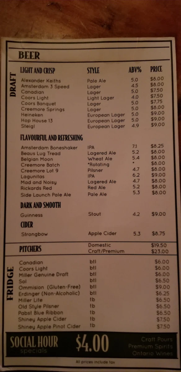 Menu, Grace O’Malley’s
