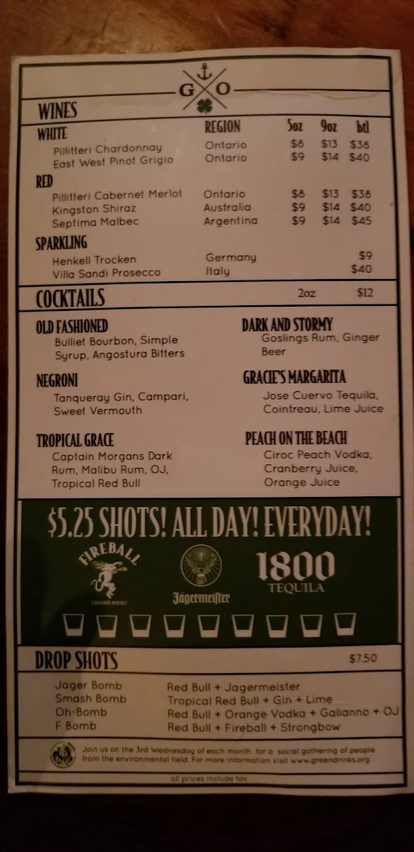 Menu, Grace O’Malley’s