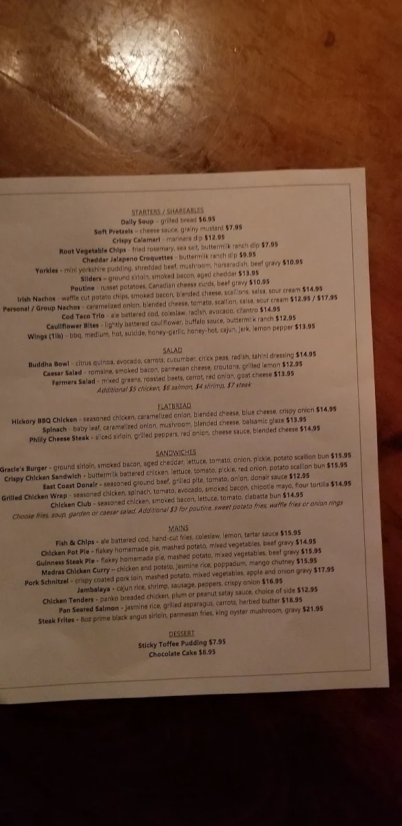 Menu, Grace O’Malley’s