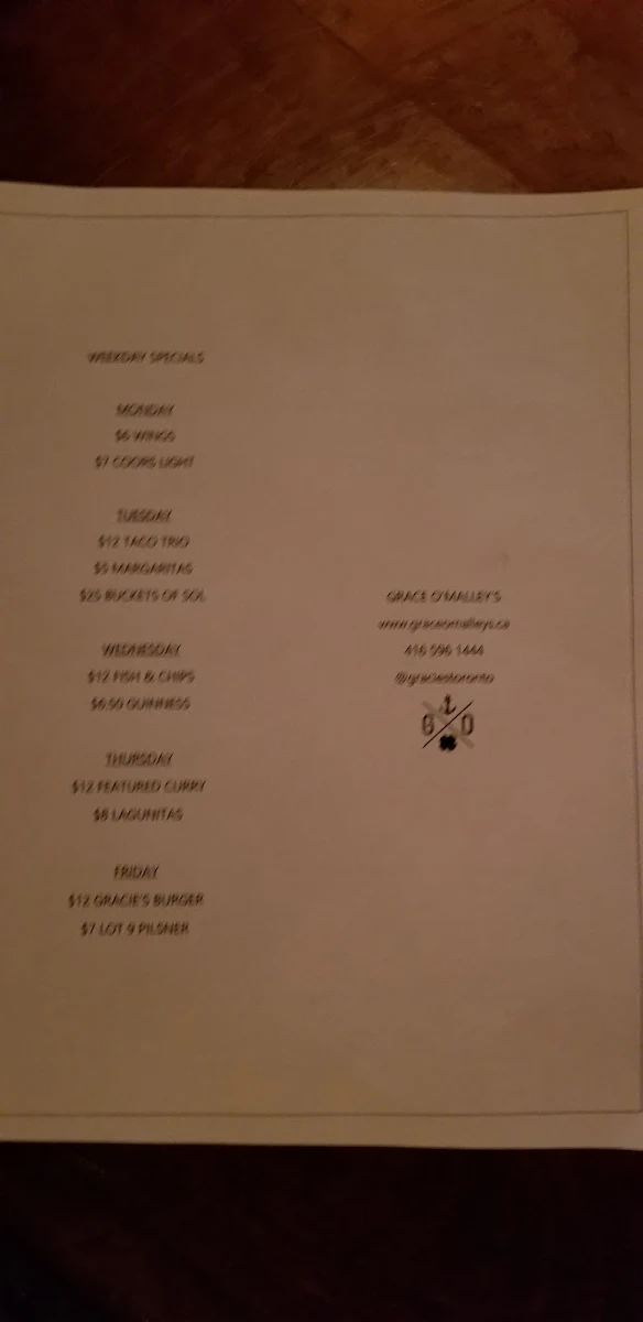 Menu, Grace O’Malley’s