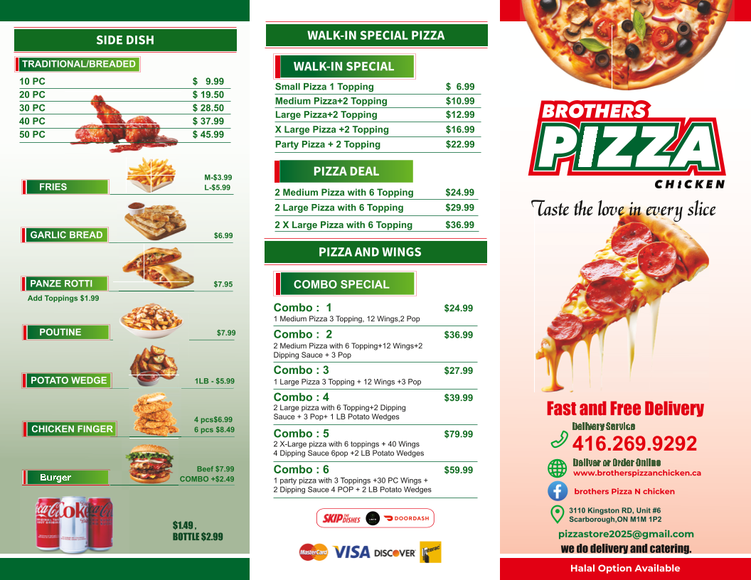 Menu, Brothers Pizza N Chicken