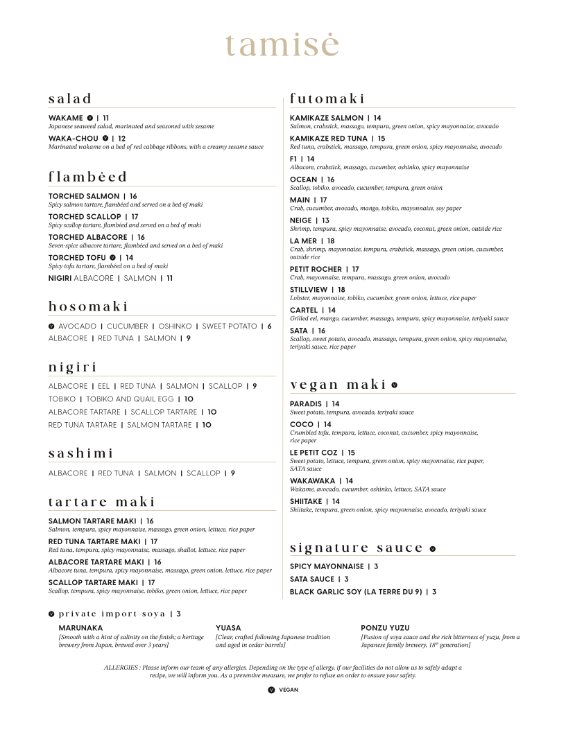 Menu, Tamisé Sushi