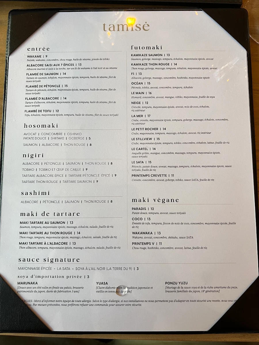 Menu, Tamisé Sushi