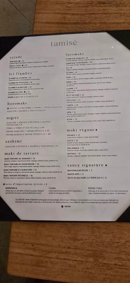 Menu, Tamisé Sushi