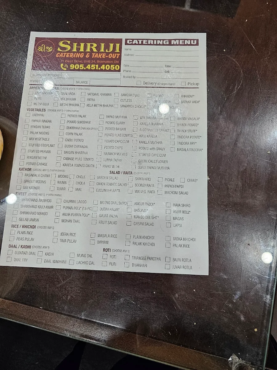 Menu, Shriji Catering And Takeout