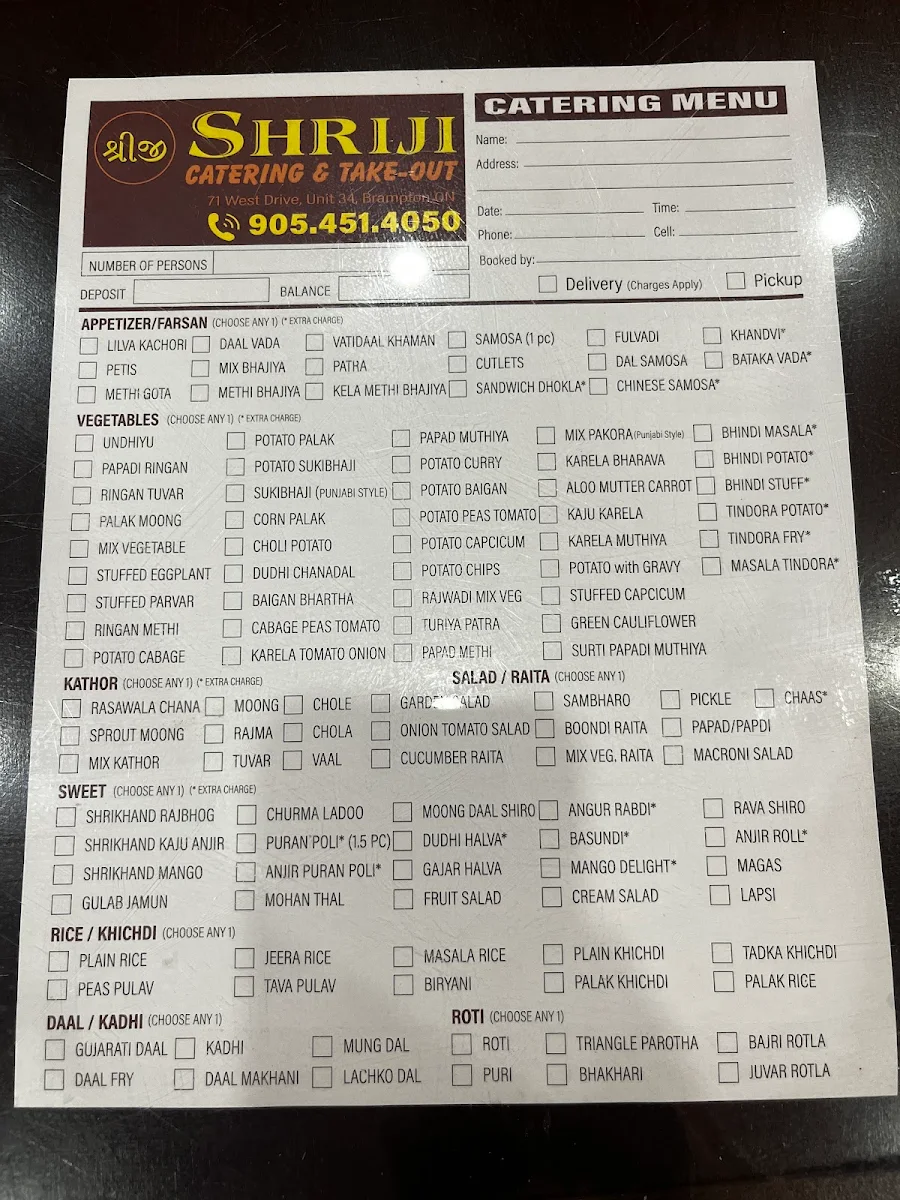Menu, Shriji Catering And Takeout
