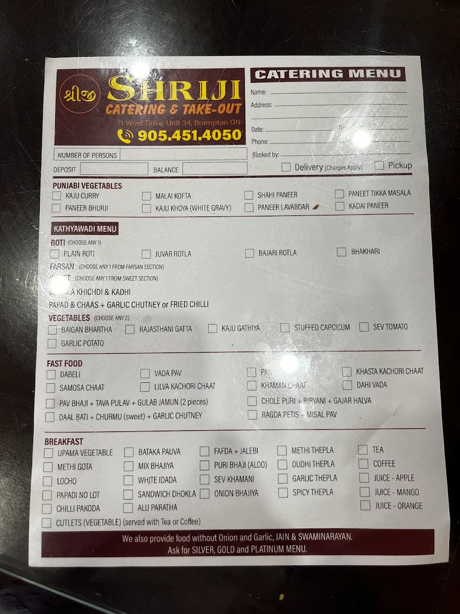Menu, Shriji Catering And Takeout