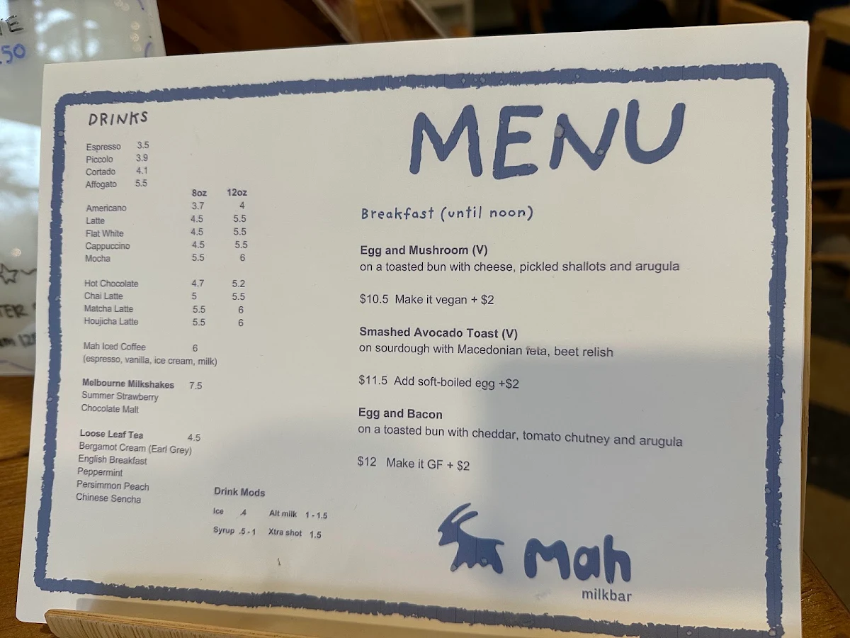 Menu, Mah Milk Bar - Victoria Dr