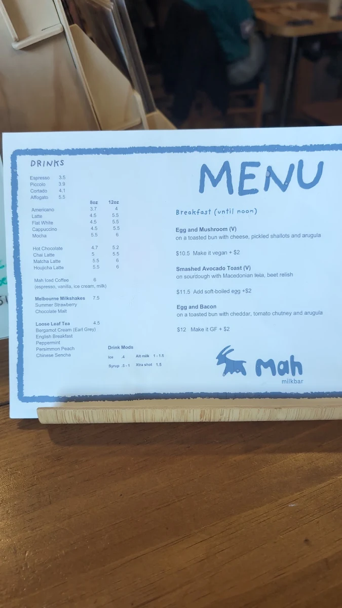 Menu, Mah Milk Bar - Victoria Dr