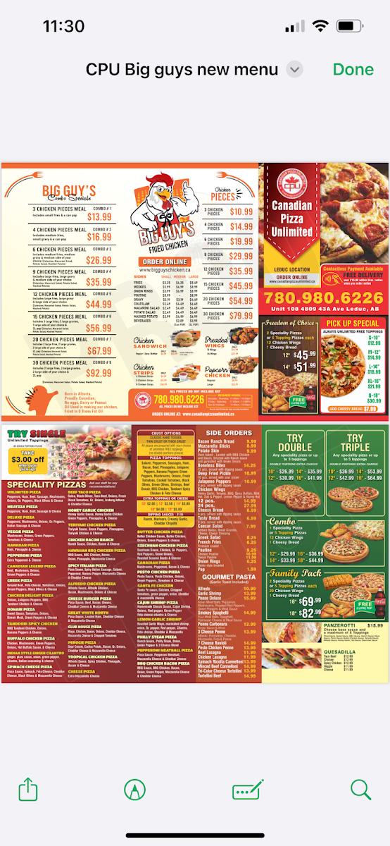 Menu, Canadian Pizza Unlimited & BigGuy's Fried Chicken