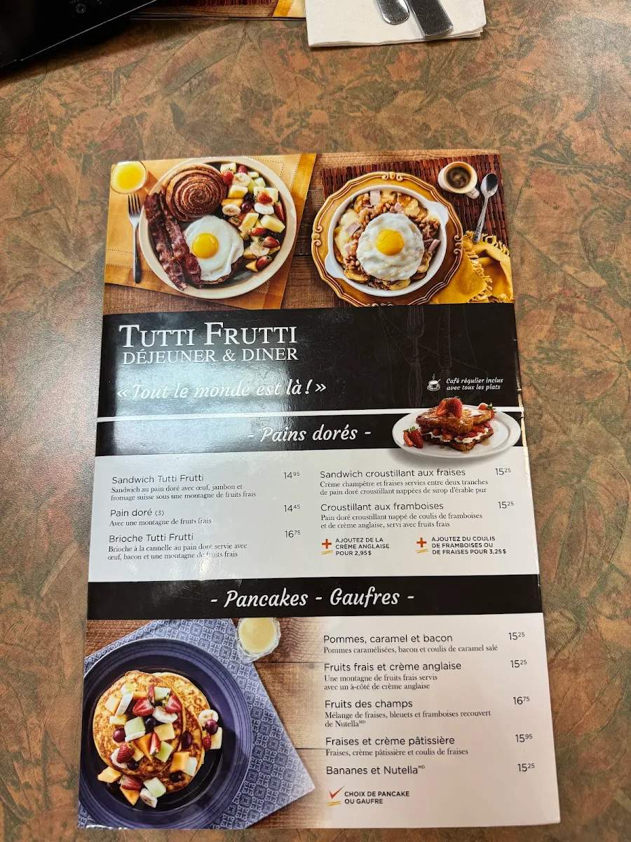 Menu, Tutti Frutti déjeuner et diner