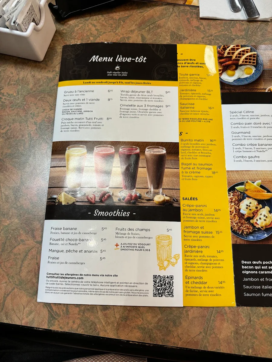 Menu, Tutti Frutti déjeuner et diner