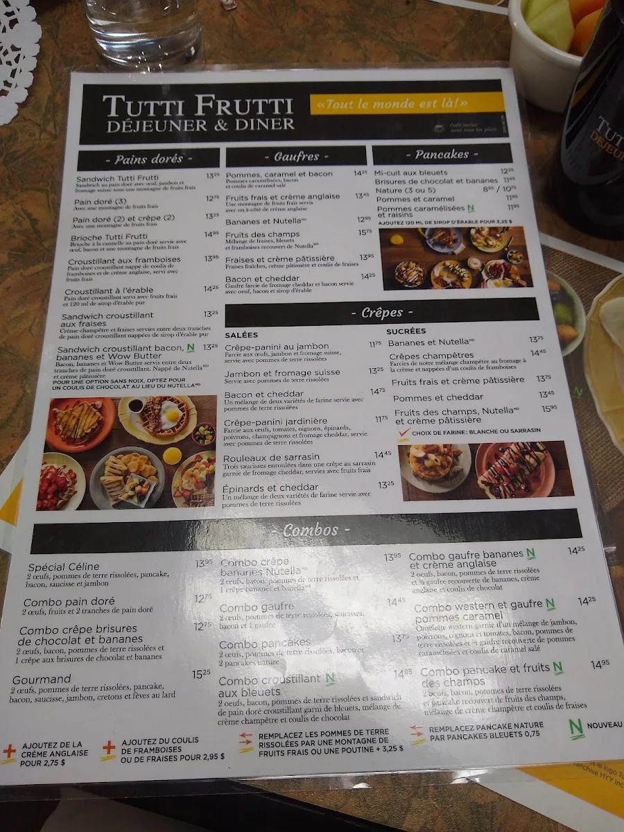 Menu, Tutti Frutti déjeuner et diner