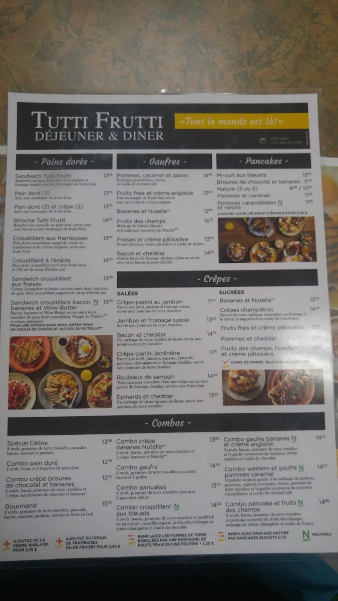 Menu, Tutti Frutti déjeuner et diner