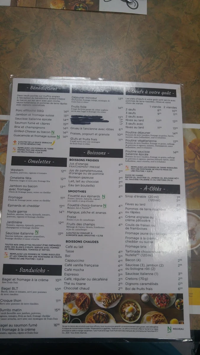 Menu, Tutti Frutti déjeuner et diner