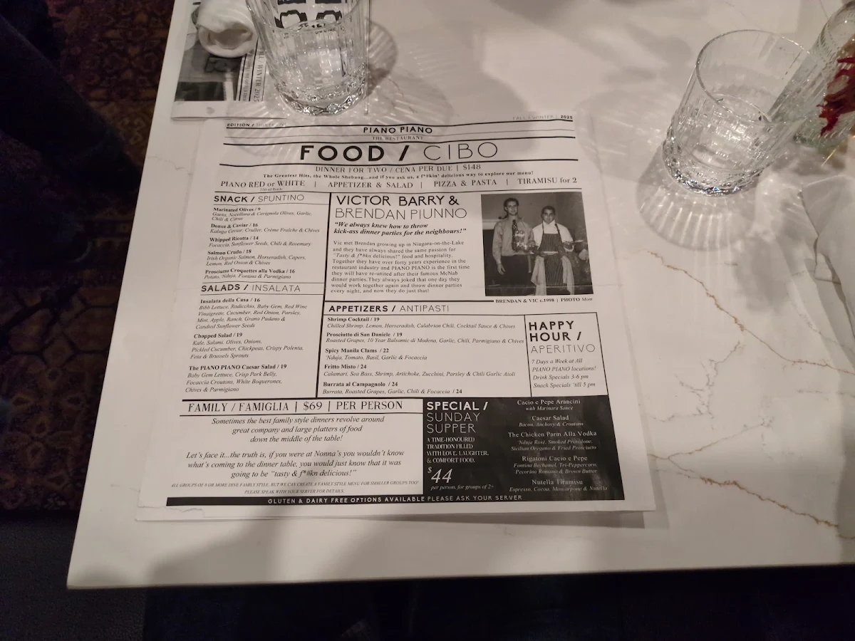 Menu, Piano Piano Hamilton