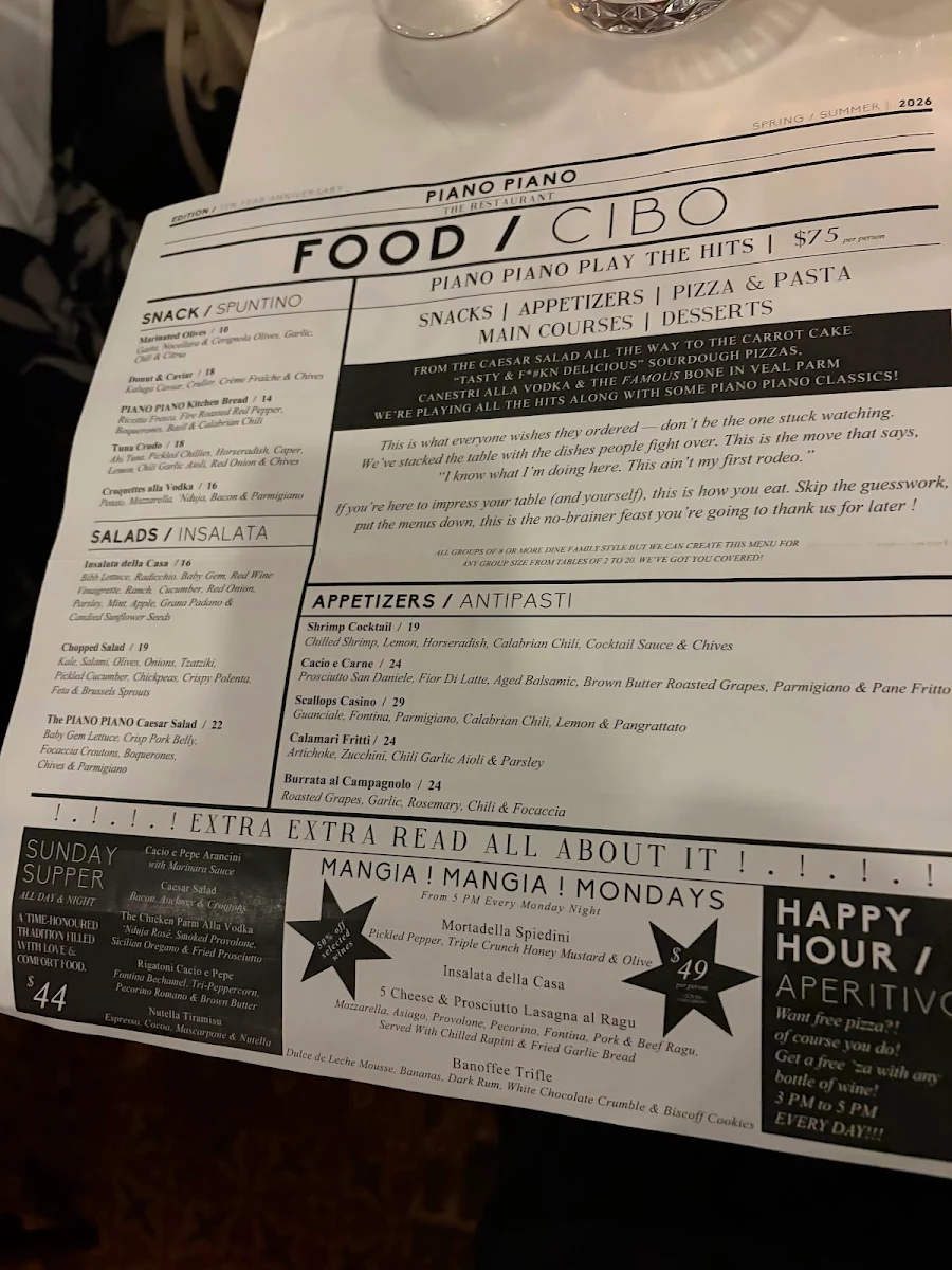 Menu, Piano Piano Hamilton