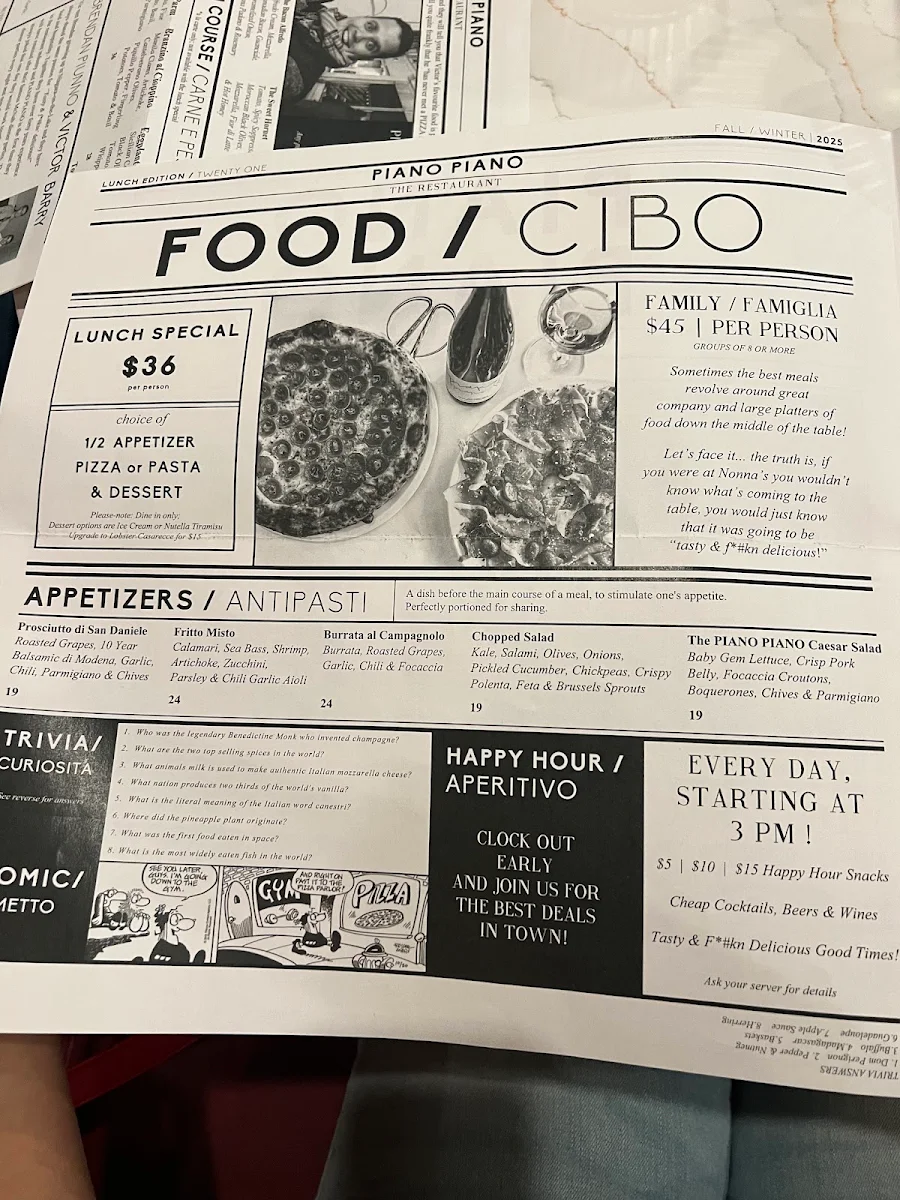 Menu, Piano Piano Hamilton