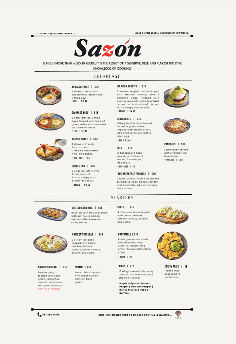 Menu, Sazón Restaurant