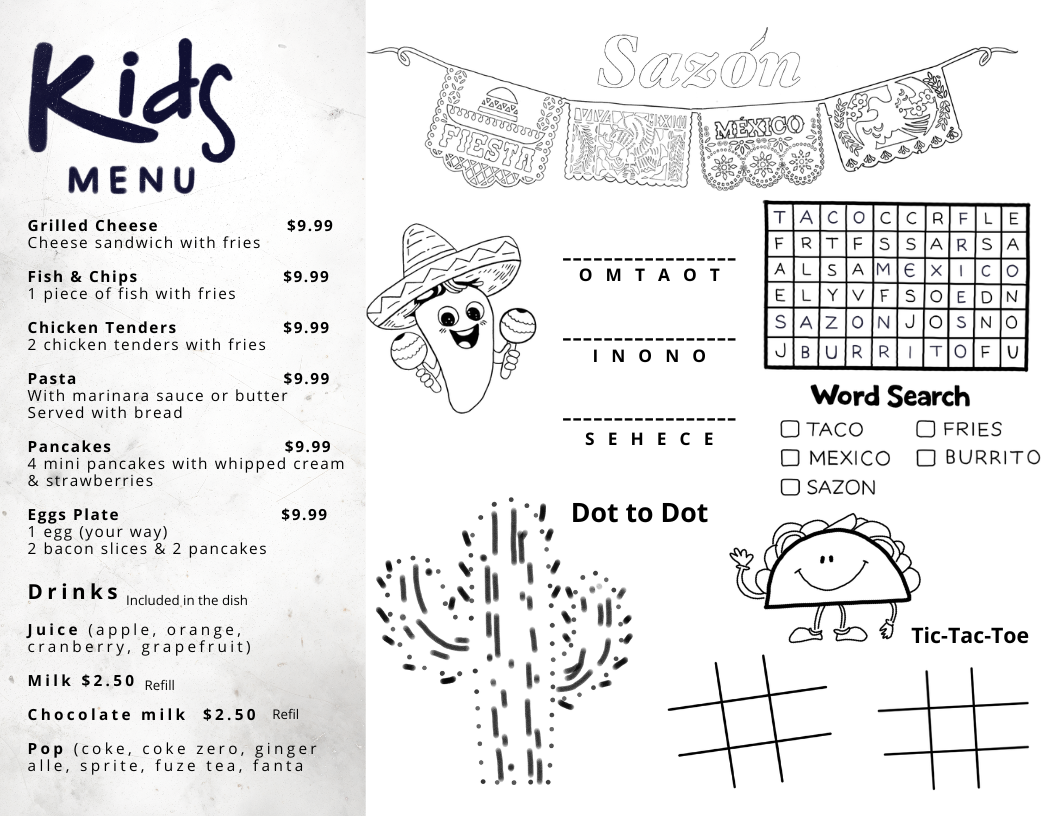 Menu, Sazón Restaurant