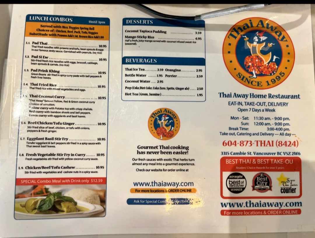 Menu, Thai Away Home on Cambie