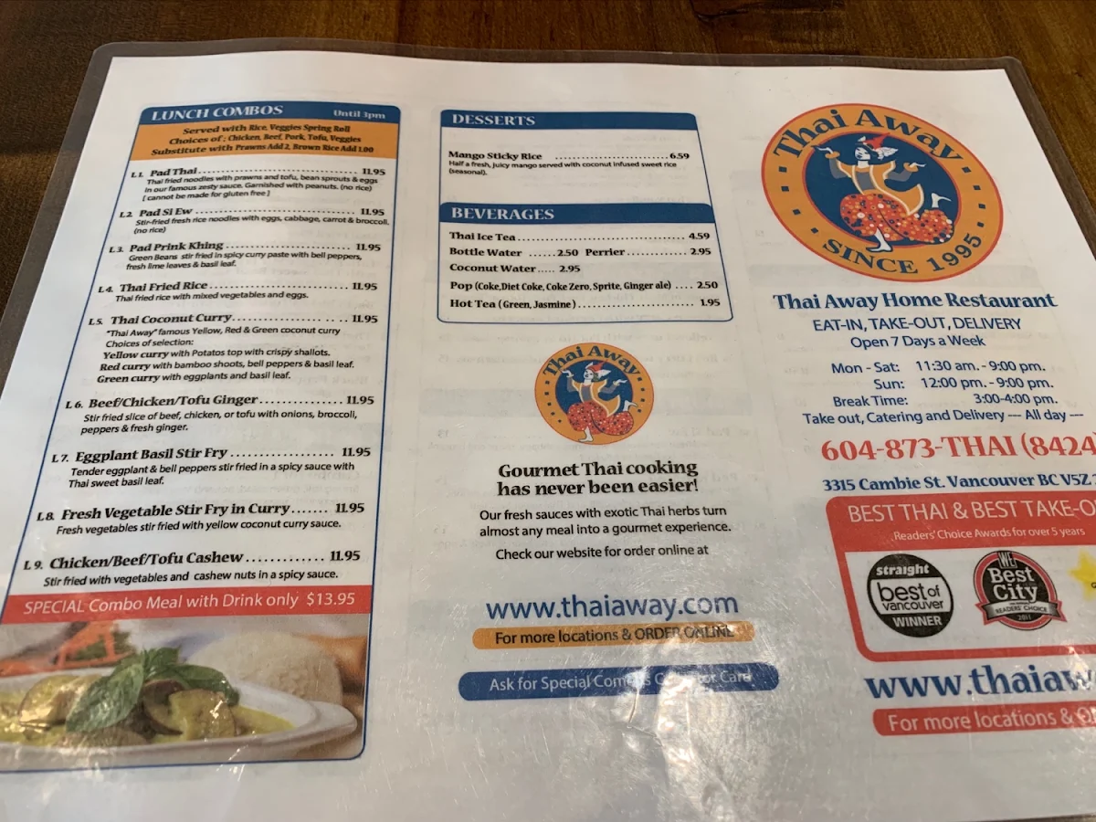 Menu, Thai Away Home on Cambie